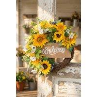 Living and Home D40cm Artificial Sunflower Wreath Round Hanging Decoration in Yellow
