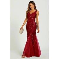 FS Collection Women's Sequin Leaf Detailed V Neck Bridesmaid Maxi Dress In Wine | Size: XL