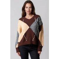 Aftershock London Women's Argyle Pattern V Neck Jumper in Brown