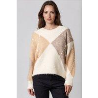 Aftershock London Women's Argyle Pattern V Neck Jumper in Beige