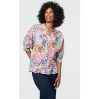 Izabel London Women's Abstract 3/4 Buttons Curve Hem Blouse in Blue | Size: 12