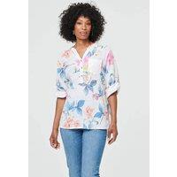 Izabel London Women's Floral Curve Hem Turn-Up Sleeve Blouse in White | Size: 14