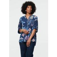 Izabel London Women's Floral Curve Hem Turn-Up Sleeve Blouse in Blue | Size: 10