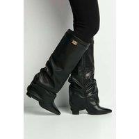 Miss Diva Women's Izel Block Heel Pointy Toe Gold Trim Buckle Ruched Boots in Black | Size: 5