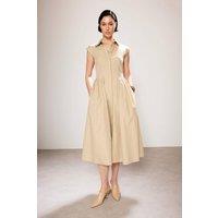WOVCOR Women's Sleeveless Shirt Collar Midi Dress in Beige | Size: 4