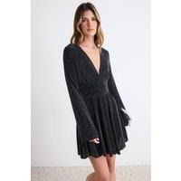 WOVCOR Women's V Neck Long Sleeve Skater Mini Dress in Black | Size: 8