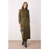 WOVCOR Women's Shawl Collar Detail Long Sleeve Midi Knit Dress in Khaki | Size: Small