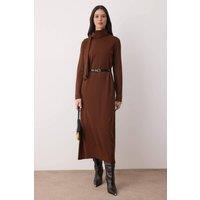 WOVCOR Women's Shawl Collar Leather Belt Detail Long Sleeve Knit Maxi Dress in Brown | Size: Medium