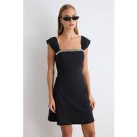 WOVCOR Women's Square Neck Stone Embellished Short Sleeve A-Line Mini Dress in Black | Size: 6
