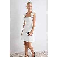 WOVCOR Women's Square Neck Stone Embellished Short Sleeve A-Line Mini Dress in White | Size: 6