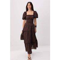 WOVCOR Women's Square Neck Short Sleeve Embroidered Maxi Skater Dress in Brown | Size: 10