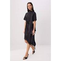WOVCOR Women's Lace Detail Asymmetric Hem Midi Satin Dress in Black | Size: Small