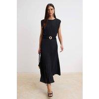 WOVCOR Women's High Neck Sleeveless Pleated Belted Maxi Dress in Black | Size: Small