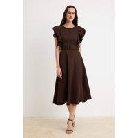 WOVCOR Women's Belted Balloon Sleeve Midi Skater Dress in Brown | Size: 8