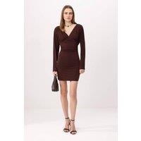 WOVCOR Women's V Neck Long Sleeve Ruched Mini Bodycon Dress in Brown | Size: XS