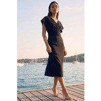 WOVCOR Women's Pearl Accessory Detail V-Neck Angel Sleeve Bodycon Belted Midi Dress in Black | Size: Small