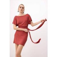 WOVCOR Women's Bodycon Asymmetric Neck Tie Detail Short Sleeve Mini Dress in Burgundy | Size: Medium