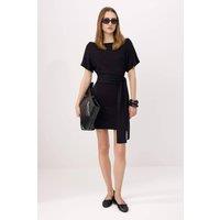WOVCOR Women's Bodycon Asymmetric Neck Tie Detail Short Sleeve Mini Dress in Black | Size: Small