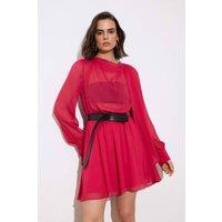 WOVCOR Women's Shawl Neck Belted Long Sleeve Skater Mini Dress in Fuchsia | Size: 8