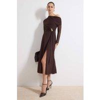 WOVCOR Women's Asymmetric Neck Accessory Detail Tulle Overlay Long Sleeve Maxi Dress in Brown | Size: Medium