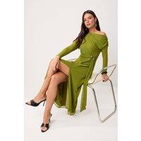WOVCOR Women's Asymmetric Neck Accessory Detail Tulle Overlay Long Sleeve Maxi Dress in Olive | Size: XS