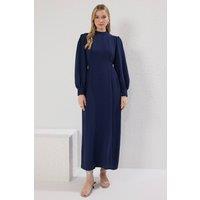 WOVCOR Women's Stand Collar Balloon Sleeve Back Tie Detail Midi Dress in Navy | Size: 14