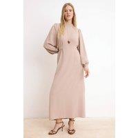 WOVCOR Women's Stand Collar Balloon Sleeve Back Tie Detail Midi Dress in Beige | Size: 6
