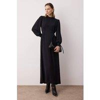 WOVCOR Women's Stand Collar Balloon Sleeve Back Tie Detail Midi Dress in Black | Size: 8