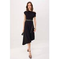 WOVCOR Women's Off Shoulder Ruched Sleeve Chain Belt Midi Party Dress in Black | Size: 10