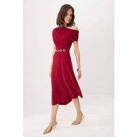 WOVCOR Women's Off Shoulder Ruched Sleeve Chain Belt Midi Party Dress in Burgundy | Size: 8