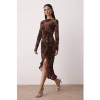 WOVCOR Women's Flocked Mesh Lined Long Sleeve Bodycon Midi Dress in Brown | Size: 6