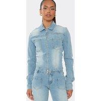 EGO Women's Long Sleeve Zip Pocket Detail Denim Jacket in Baby Blue | Size: 12