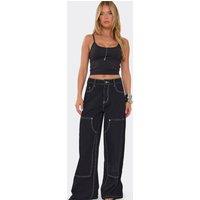 EGO Women's Wide Leg Denim Mid Rise Trousers in Black | Size: 10