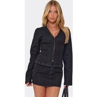 EGO Women's Fitted Long Sleeve Hook & Eye V-neck Denim Top in Dark Grey | Size: 10