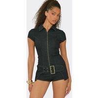 EGO Women's Short Sleeve Zip Denim Playsuit in Dark Blue | Size: 10