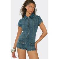 EGO Women's Fitted Short Sleeve Zip Denim Playsuit in Mid Blue | Size: 8