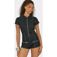 EGO Women's Fitted Short Sleeve Zip Denim Playsuit in Navy | Size: 6