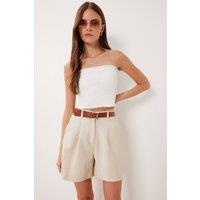 Happiness Istanbul Women's High Waist Belted Wide Leg Shorts in Beige | Size: Small