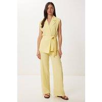 Happiness Istanbul Women's High Waist Two-Piece Set with Shirt Collar & Wide Leg Pants in Lemon | Size: Large