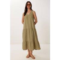 Happiness Istanbul Women's Frilly V-Neck Midi Dress in Olive | Size: Large