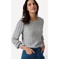 Damart Women's Pearl Embellished Fancy Stitch Crew Neck Jumper in Light Grey | Size: 10-12