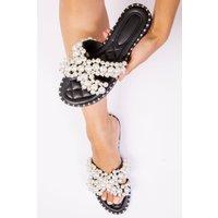 Where's That From Women's 'Eve' Pearl Flat Slider Sandals in Black | Size: 7