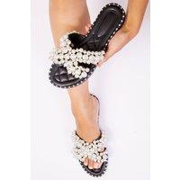 Where's That From Women's 'Eve' Pearl Flat Slider Sandals in Black | Size: 8