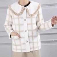 PEACH ACCESSORIES Women's Fuzzy Plaid Cardigan with Ruffle Collar in Ivory