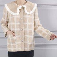 PEACH ACCESSORIES Women's Fuzzy Plaid Cardigan with Ruffle Collar in Beige