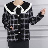 PEACH ACCESSORIES Women's Fuzzy Plaid Cardigan with Ruffle Collar in Black