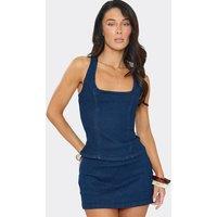 EGO Women's Fitted Sleeveless Square Neck Denim Top in Dark Blue | Size: 8