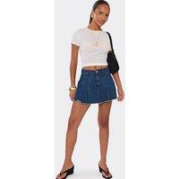 EGO Women's Pleated Denim Low Rise Mini Skirt in Dark Blue | Size: 10