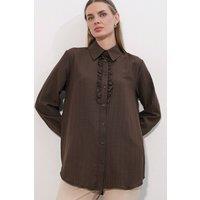 Big Dart Women's Ruffle Detailed Textured Shirt in Brown | Size: Medium