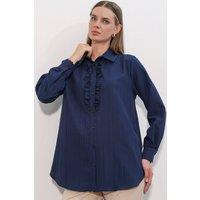 Big Dart Women's Ruffle Detailed Textured Shirt in Navy | Size: Medium